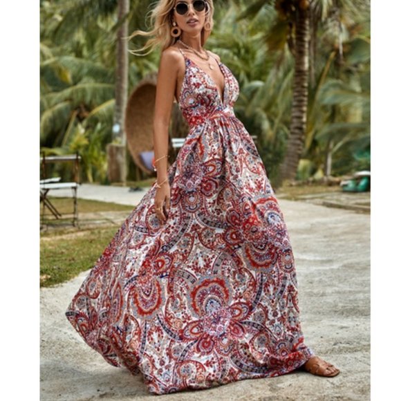 Multicolor Boho Womens Paisley Print Criss Cross Backless Cami Dress - Picture 7 of 7